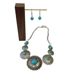 Ethnic Style Flower Turquoise Women's Pierced Earrings Necklace Set